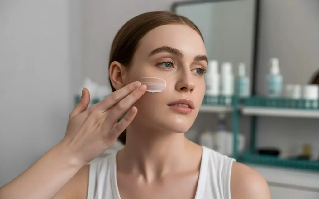woman applying skincare product on dry skin