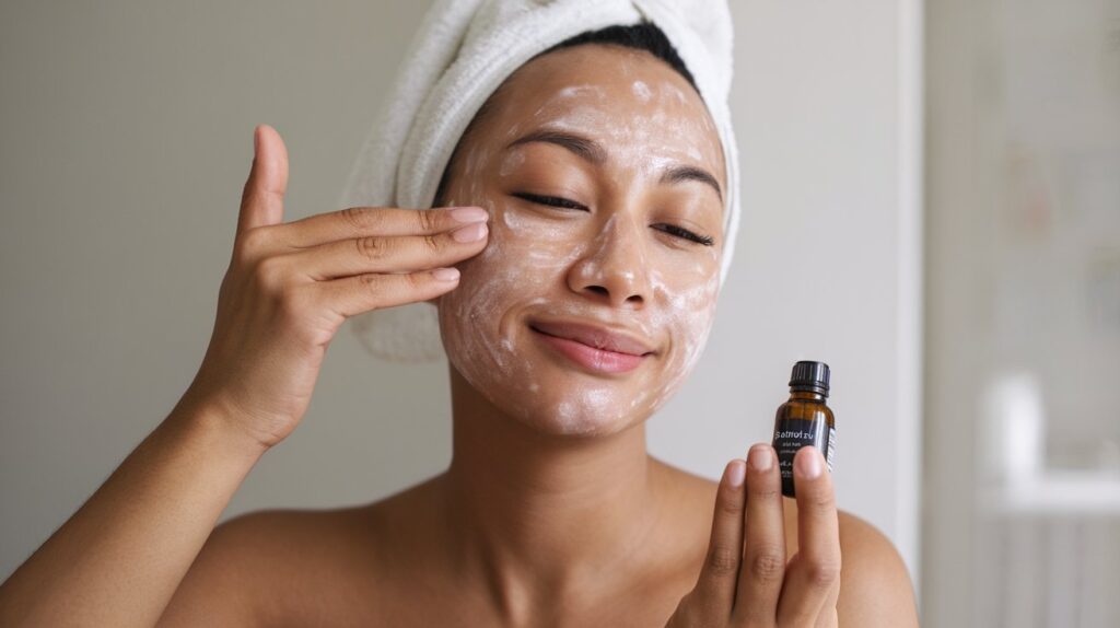 woman applying essential oil on face