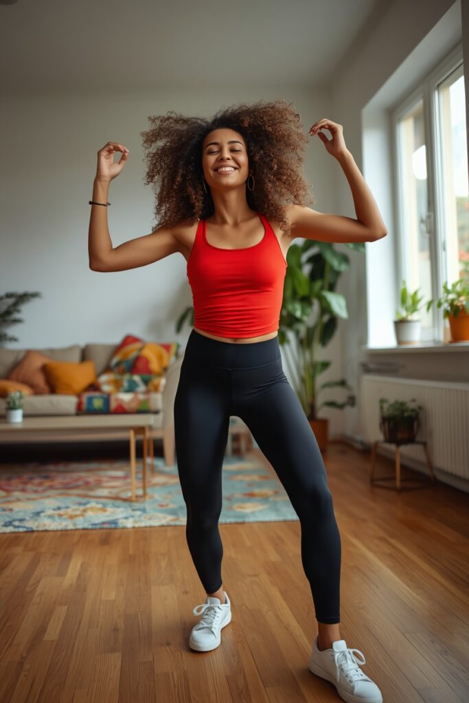 woman dancing cumbia zumba at home