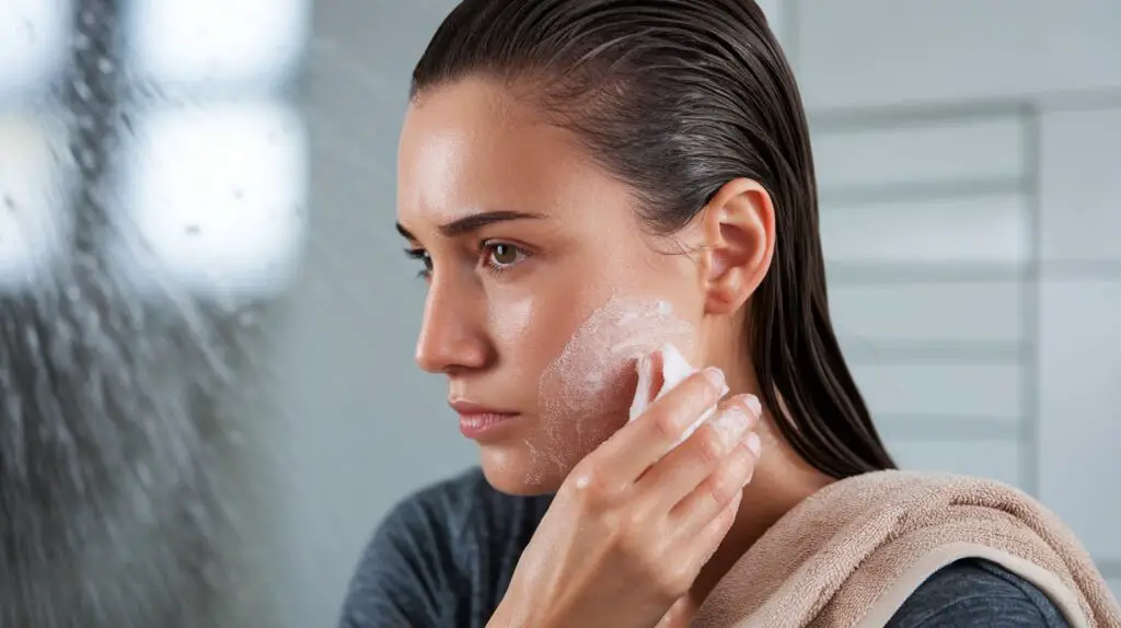 woman exfoliating skin in shower