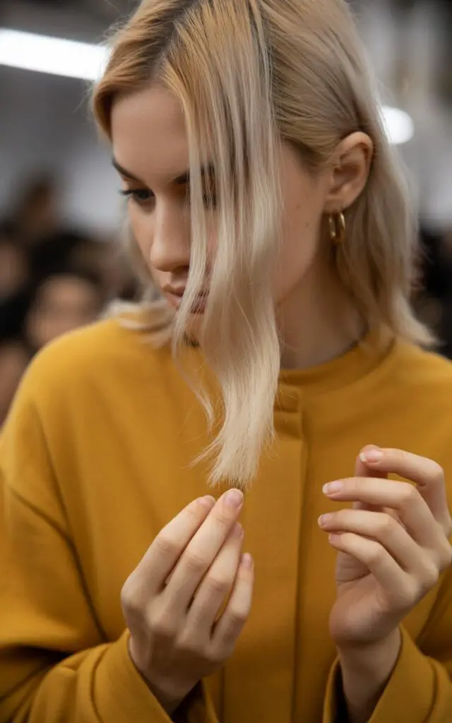 woman holding a freshly dyed vanilla blonde hair strand between her fingers
