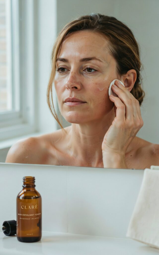 woman in her early 40s applying a liquid chemical exfoliant to her face with a cotton pad