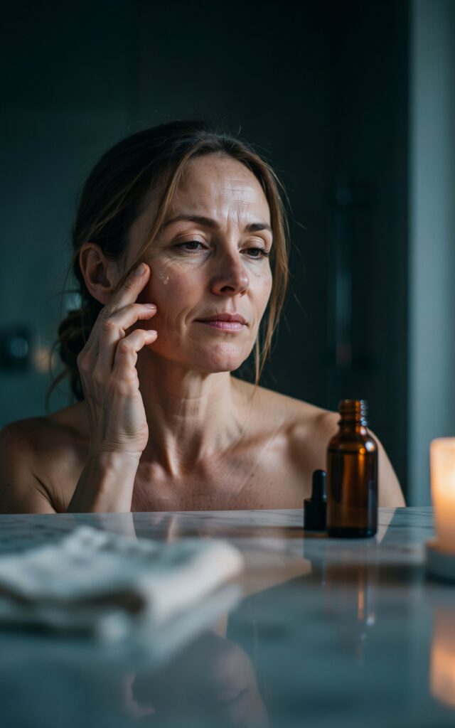 woman in her early 40s applying a small amount of retinol serum to her face with her fingertip in a softly lit bathroom at nighttime