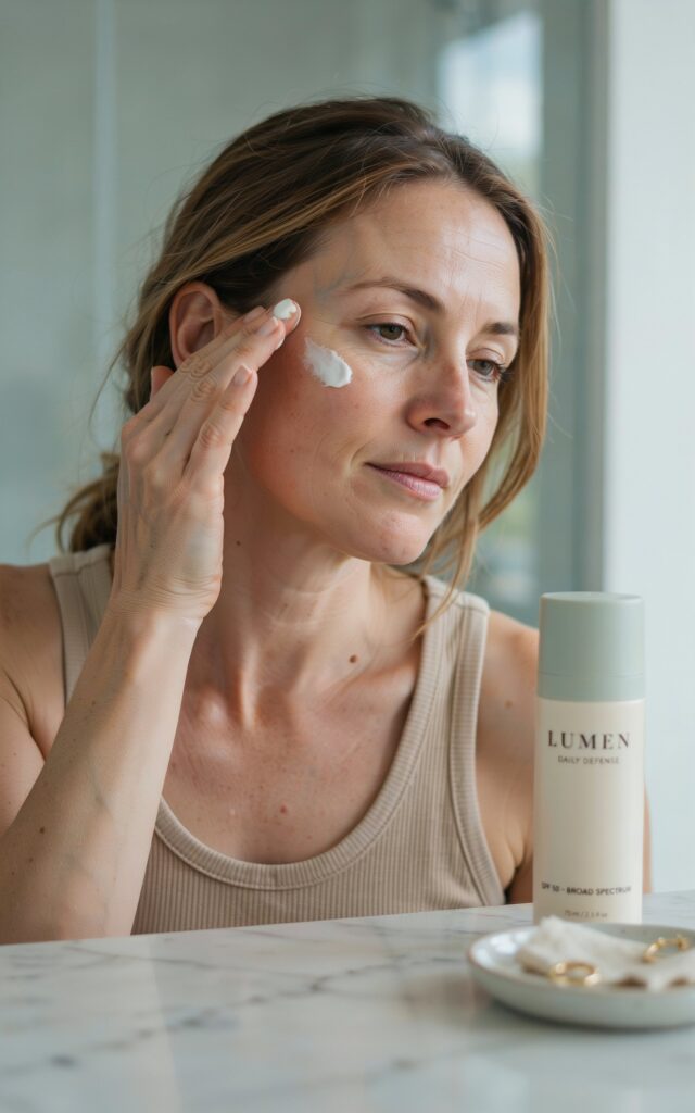woman in her early 40s applying a white, slightly thick sunscreen to her face with two fingers