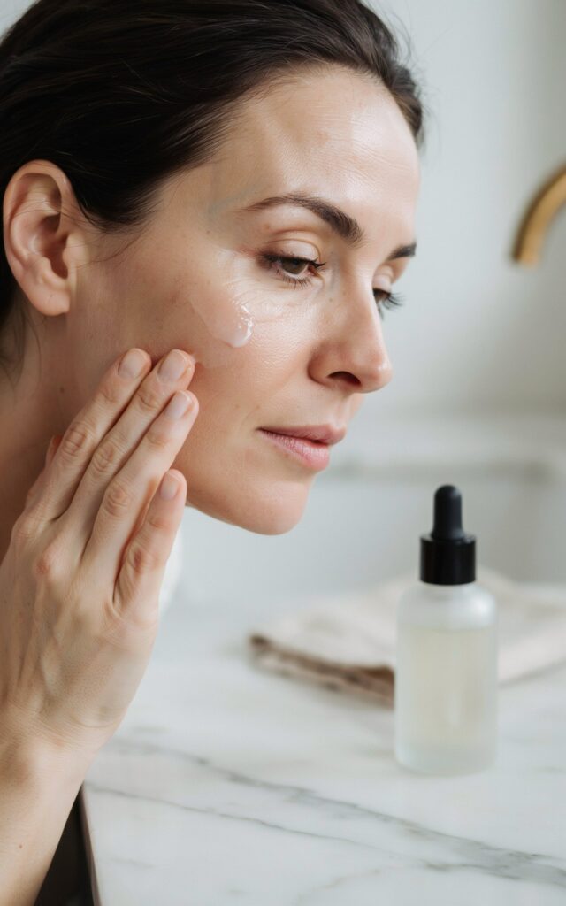 woman in her early 40s gently patting a clear, lightweight serum into her skin with her fingertips