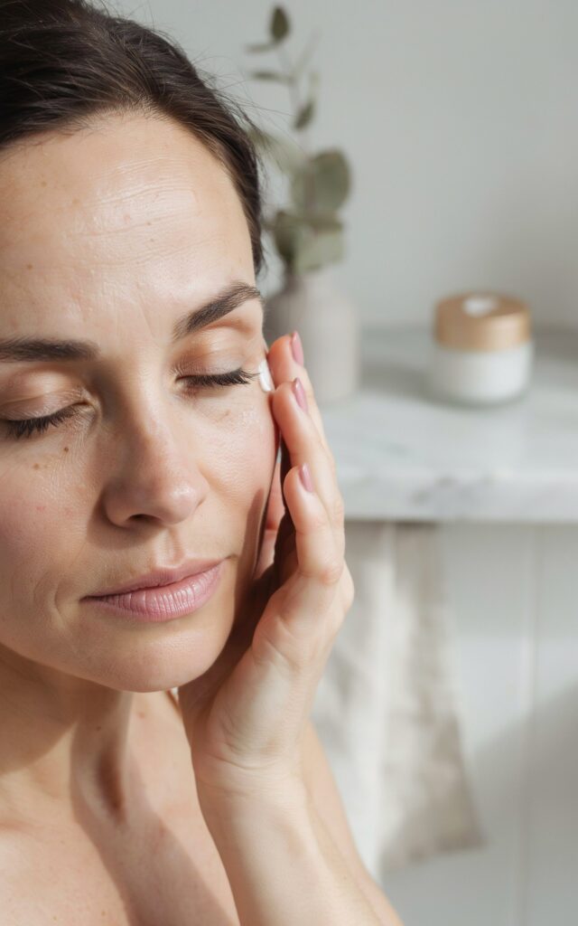 woman in her early 40s gently tapping eye cream under her eye with her ring finger
