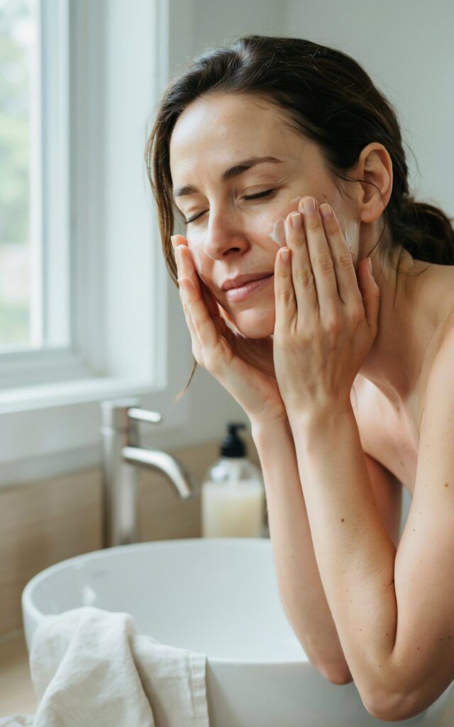 woman in her early 40s gently washing her face with a creamy, milky cleanser