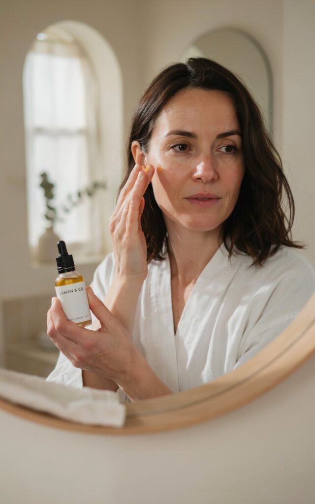 woman in her early 40s holding a small glass dropper bottle with a few drops of a golden-yellow serum on her fingertip, about to apply it to her chee