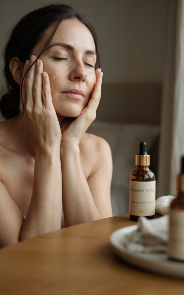 woman in her early 40s pressing a few drops of a golden face oil into her skin with both palms gently cupped against her cheeks