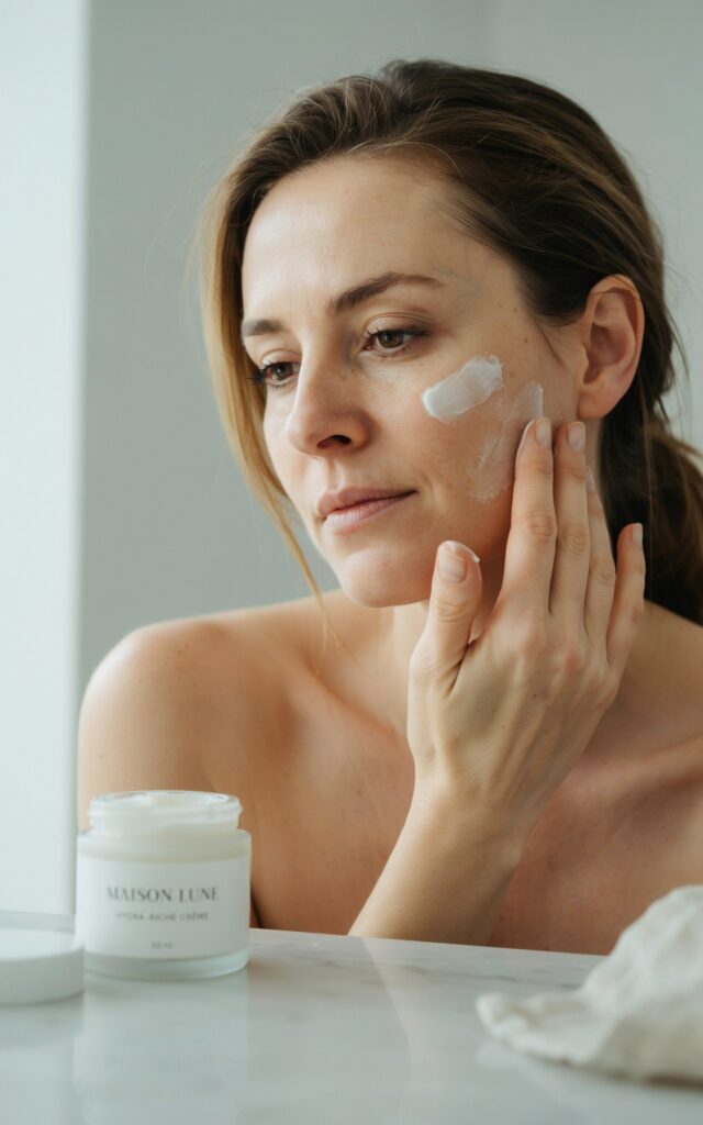 woman in her early 40s smoothing a rich, creamy moisturizer across her cheek and jawline with her fingers