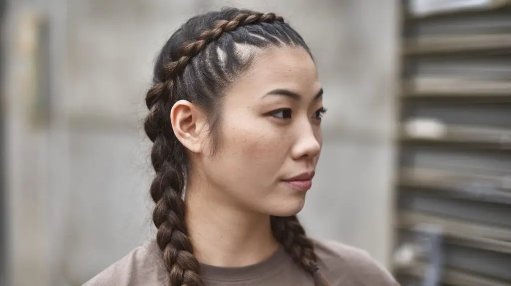 woman with a Dutch crown braid, showing black hair, Asian face, wearing a t-shirt