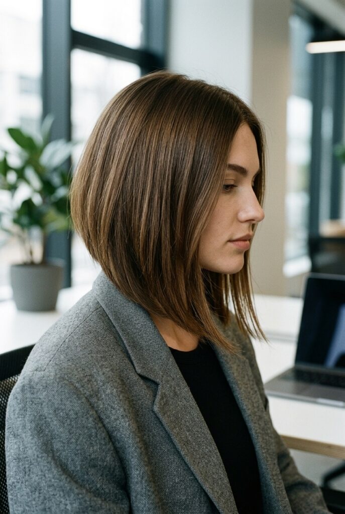 woman with angled lob haircut for oval face in side profile in an office setting woman with angled lob haircut for oval face in side profile in an office setting
