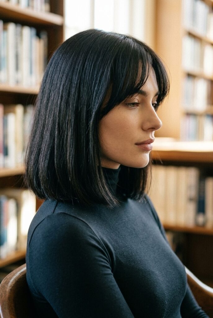 woman with blunt bob and curtain fringe for oval face in side profile in a library woman with blunt bob and curtain fringe for oval face in side profile in a library