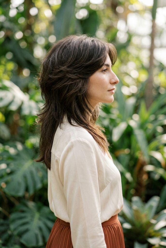 woman with butterfly cut at shoulder length for oval face in side profile in a botanical garden woman with butterfly cut at shoulder length for oval face in side profile in a botanical garden