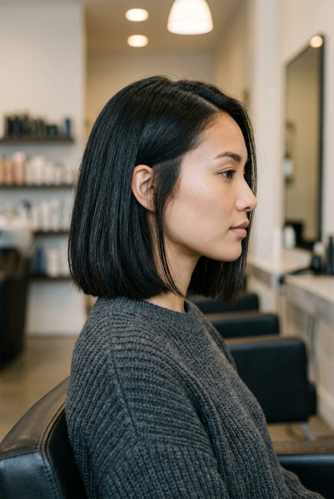woman with classic blunt lob haircut for oval face in side profile at hair salon woman with classic blunt lob haircut for oval face in side profile at hair salon