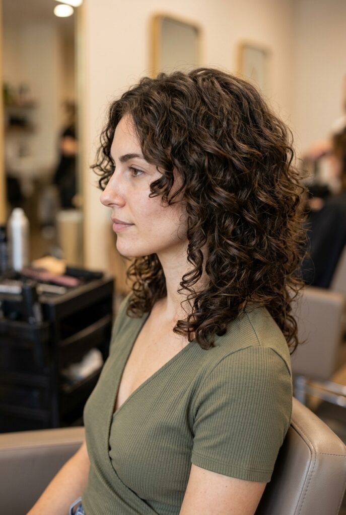 woman with curly shoulder length cut and defined layers for oval face in side profile at a hair salon woman with curly shoulder length cut and defined layers for oval face in side profile at a hair salon