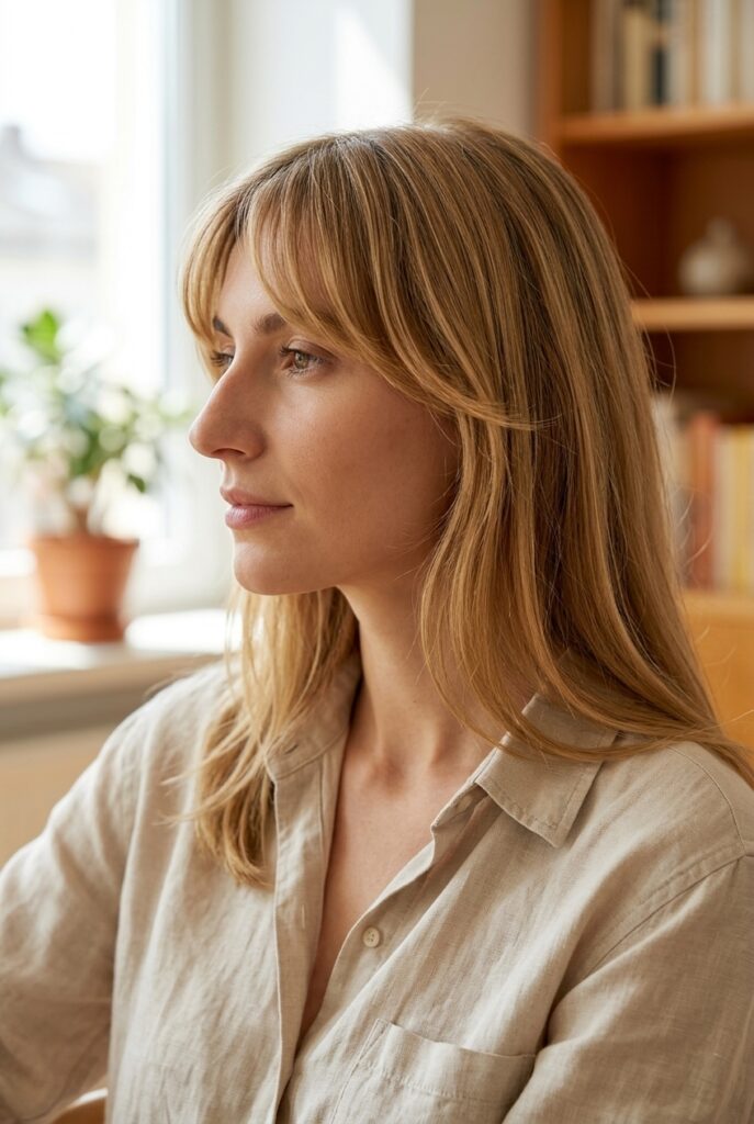 woman with curtain bangs and face framing layers for oval face in side profile at home woman with curtain bangs and face framing layers for oval face in side profile at home