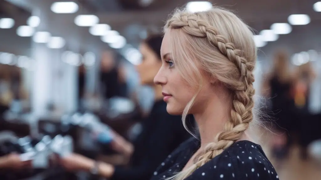 Side profile photo of a woman with a Dutch Crown Braid