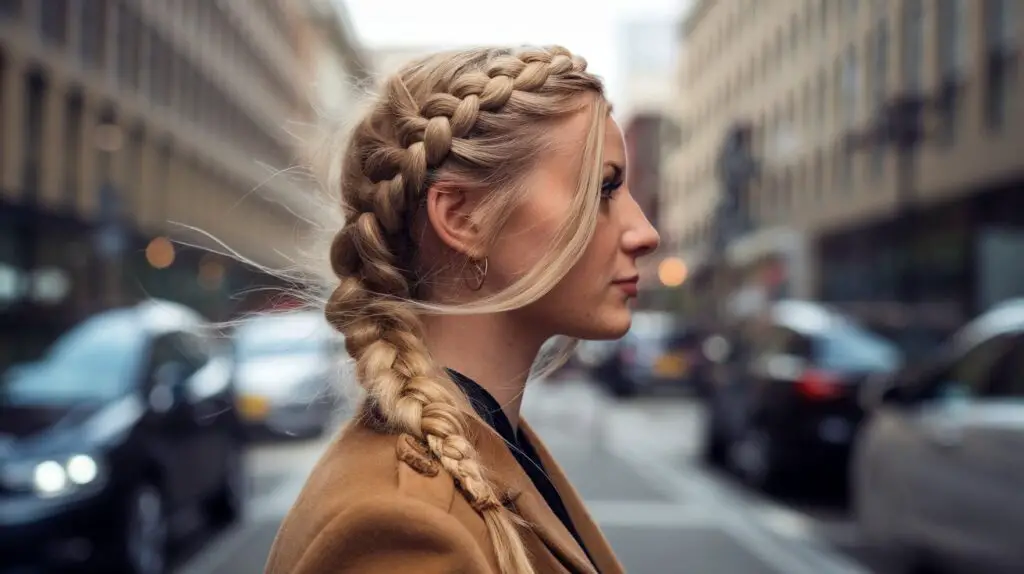 Side profile photo of a woman with a Dutch Crown Braid. in the street.