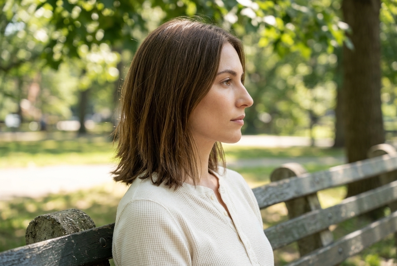 woman with shoulder length haircut for oval face sitting outdoors in side profile