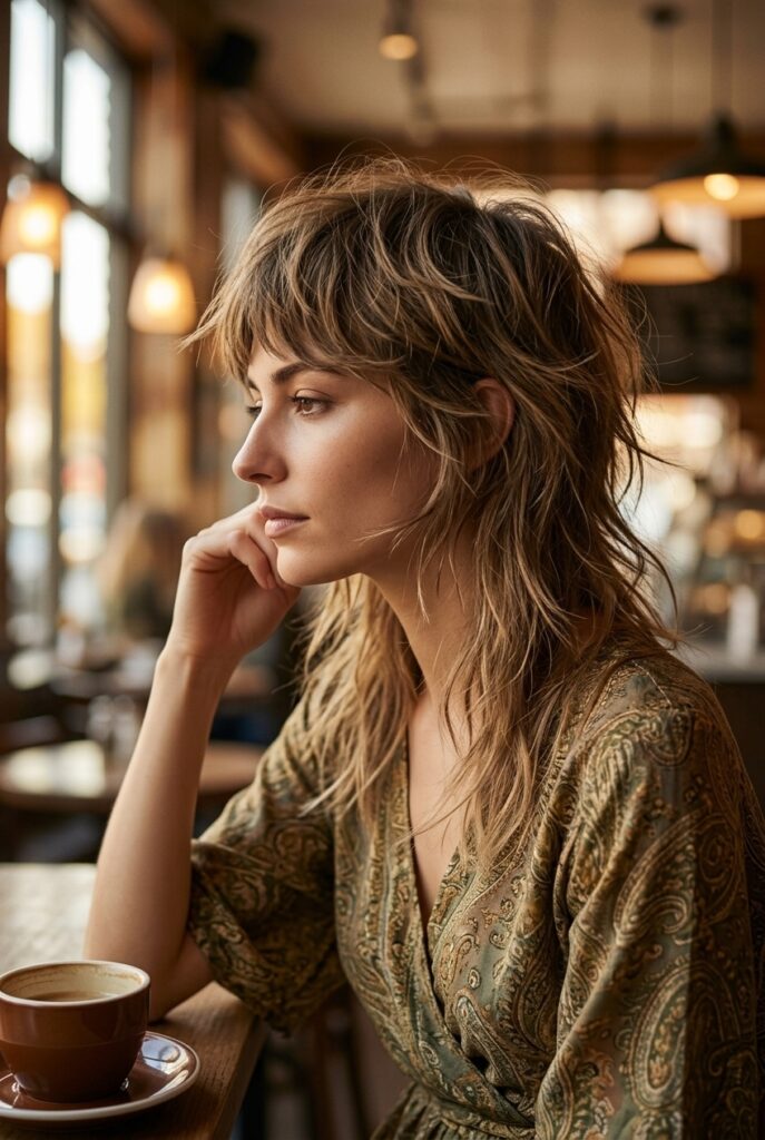 woman with shoulder length wolf cut for oval face in side profile at a coffee shop woman with shoulder length wolf cut for oval face in side profile at a coffee shop