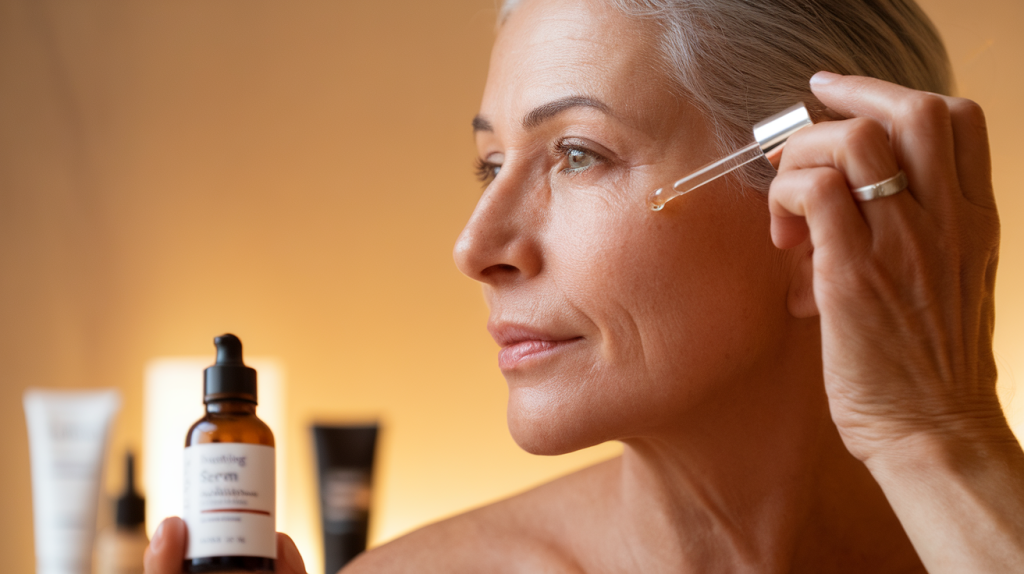 A photo of a side profile shot of an American woman in her 40s with fair skin. She is in a warm lighting. She is applying a serum during her anti-aging nighttime routine. There is a bottle of serum in the foreground. The background has a few cosmetic products.