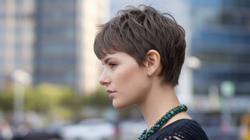 woman with a textured short haircut. She has dark brown hair and is wearing a green necklace