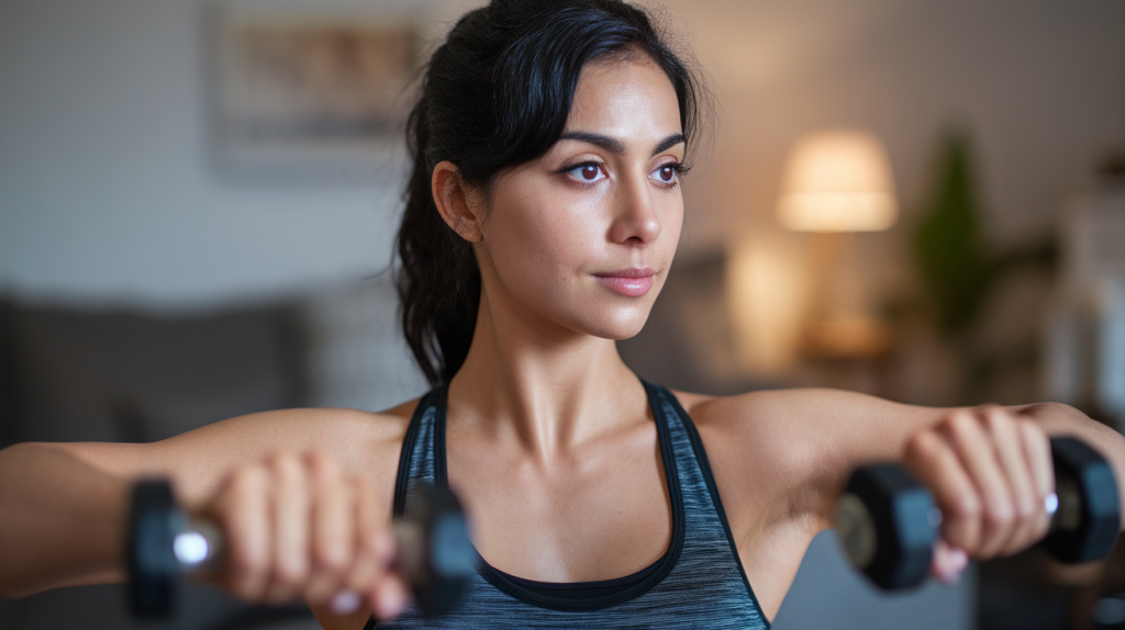 woman with black hair and brown eyes. She is in a side profile view, with her hair pulled back. She is wearing a grey sports bra and a black tank top. The woman is doing a workout at home for her arms