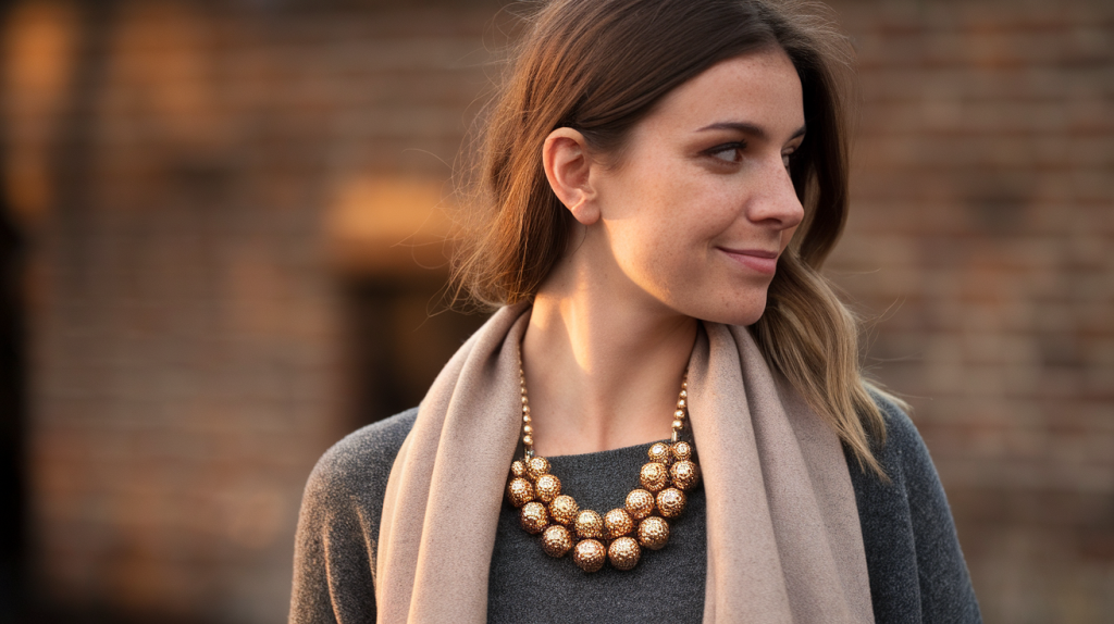 A photo of an Australian woman with a side profile, wearing a statement necklace. She has brown hair and is wearing a grey sweater and a beige scarf. The necklace has large, gold, bead-like elements. The background is blurred and consists of a brick wall. The lighting is warm.