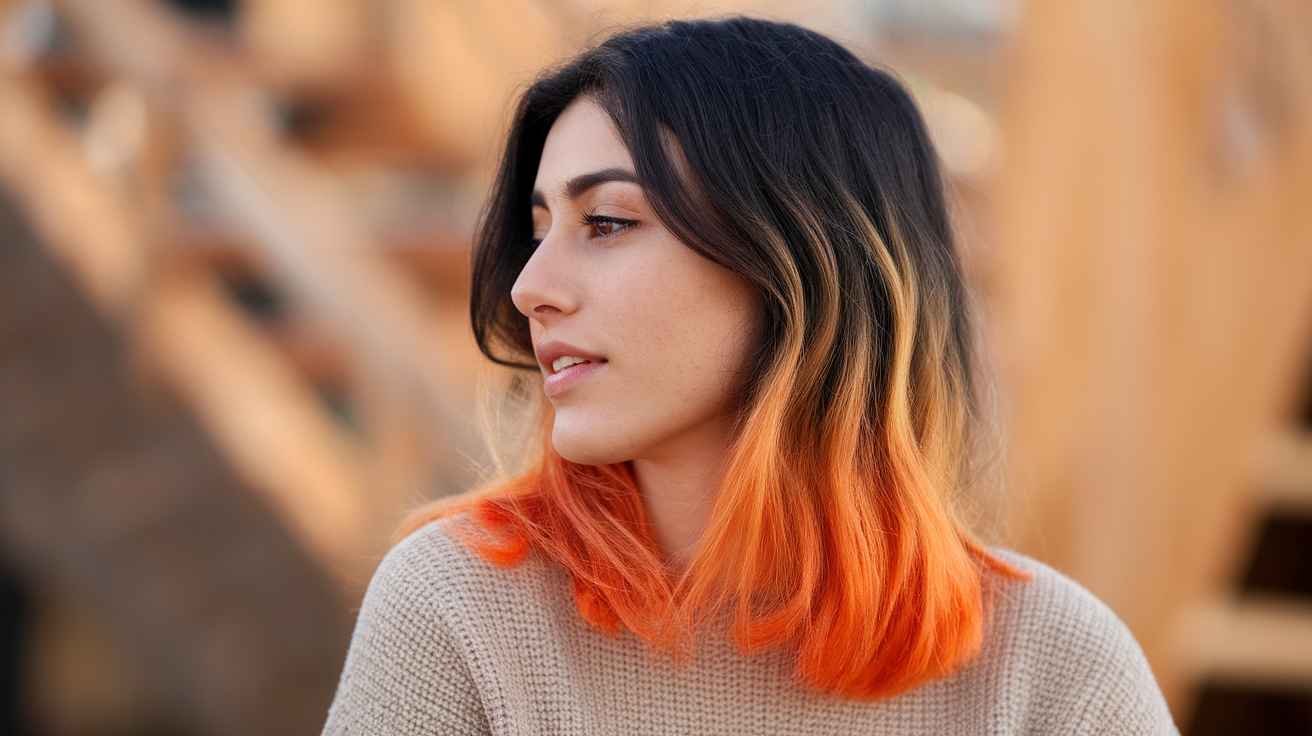 A photo of a side profile of an Armenian woman with dyed hair. She has dark roots and orange hair ends. She is wearing a beige sweater. The background is blurred and contains a wooden structure. The lighting is warm.