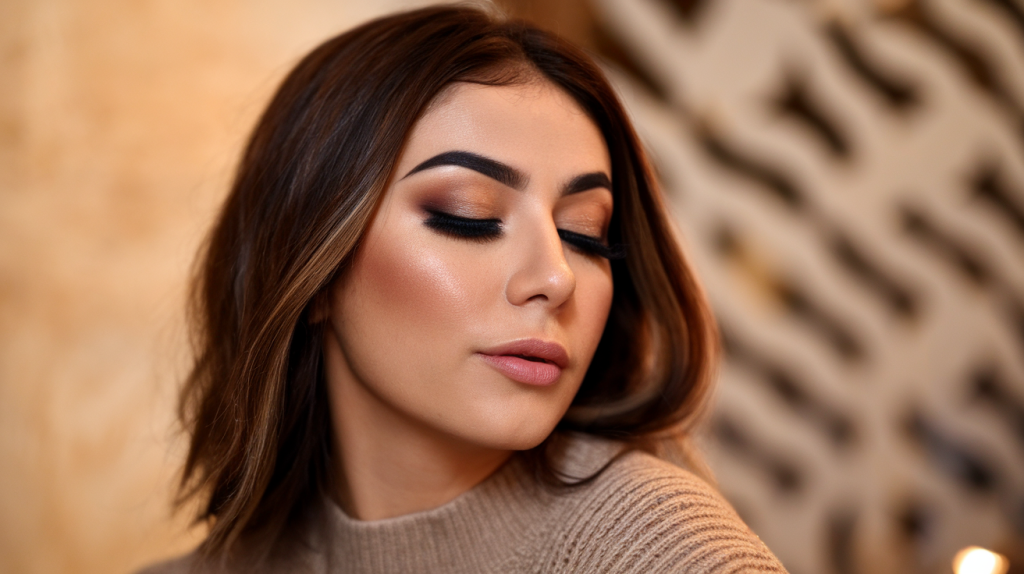 A photo of a closeup, side profile shot of an Armenian woman with hooded eyes and makeup. She has dark brown hair and is wearing a beige sweater. The background is blurred and contains a beige wall and a patterned texture. The lighting is warm.