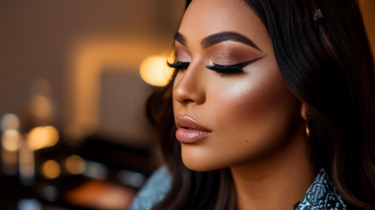 A photo of a Latin makeup artist's side profile in a closeup shot. The makeup artist has dark hair and is wearing a trendy outfit. The background is blurred and contains a few makeup products. The lighting is warm, casting a soft glow on the makeup artist's face.