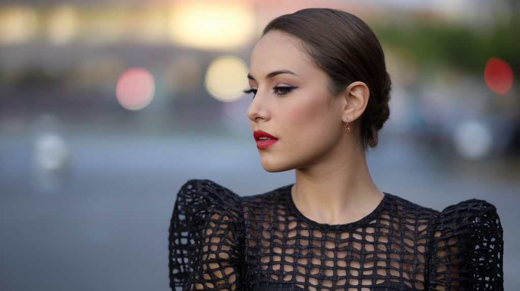 Brazilian Woman with makeup, red lip and black dress