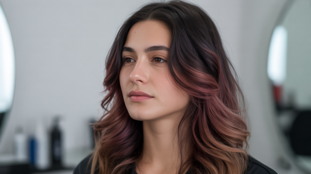 A studio portrait photograph captures a serene Bulgarian woman showcasing vibrant hair dye with strategically placed highlights. Her dark hair cascades gently over her shoulders, framing a face with delicate features and a peaceful expression as she gazes slightly off-camera.